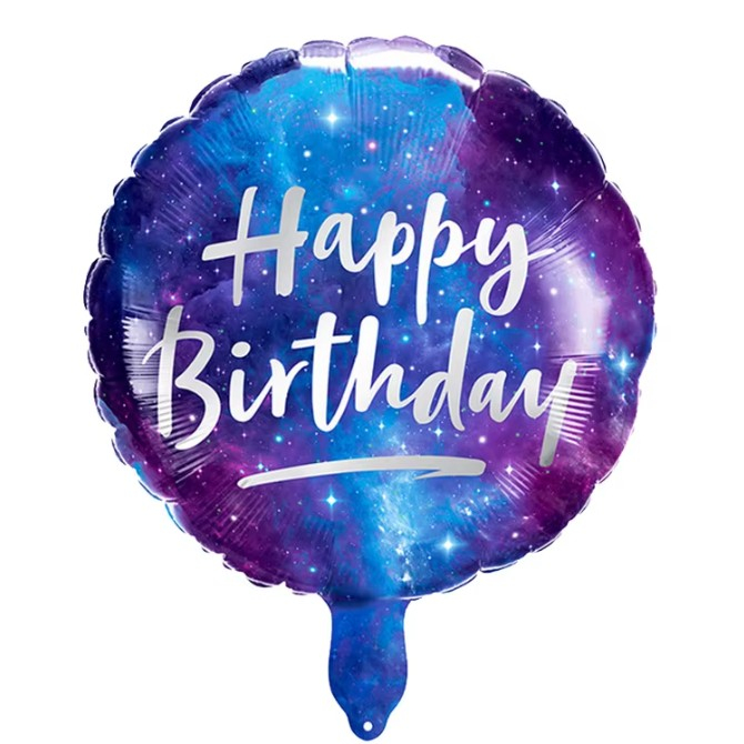 Balon din Folie Metalizata, Flippy, Mini Figurina Rotunda, Model Cer Instelat, Happy Birthday, Tematica Aniversare, 45 cm, Ambalaj Individual, Pai Inclus, Umflare cu Aer sau Heliu, Multicolor [2]