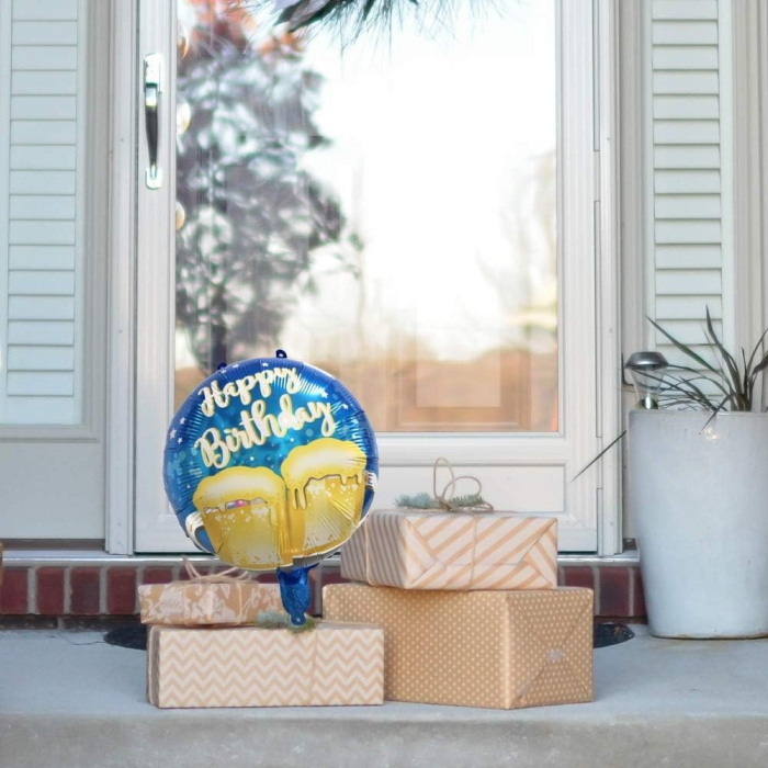 Balon din Folie Metalizata, Flippy, Mini Figurina Rotunda, Model Halbe de Bere, Happy Birthday, Tematica Aniversare, 45 cm, Ambalaj Individual, Pai Inclus, Umflare cu Aer sau Heliu, Albastru [2]