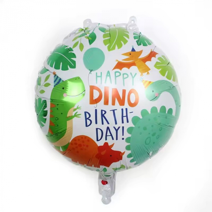 Balon din Folie Metalizata, Flippy, Mini Figurina Rotunda, Model Happy Birthday cu Dinozauri, Tema Aniversare, 45 cm, Ambalaj Individual, Pai inclus, Umflare cu Aer sau Heliu, Multicolor [2]