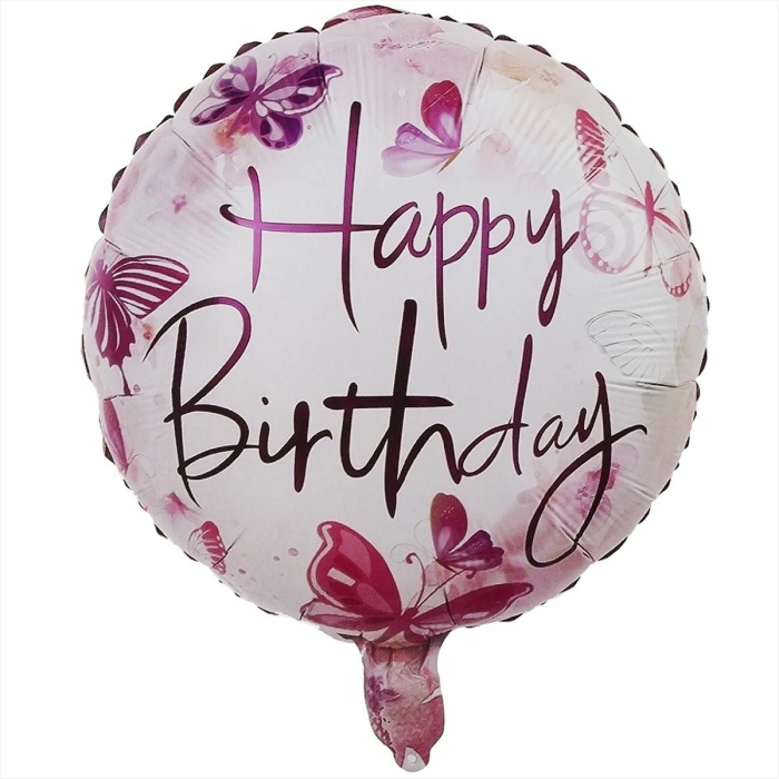Balon din Folie Metalizata, Flippy, Mini Figurina Rotunda, Model Happy Birthday Fluturasi, Tema Aniversare, 45 cm, Ambalaj Individual, Pai inclus, Umflare cu Aer sau Heliu, Roz [1]