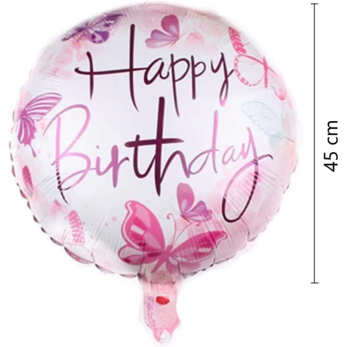 Balon din Folie Metalizata, Flippy, Mini Figurina Rotunda, Model Happy Birthday Fluturasi, Tema Aniversare, 45 cm, Ambalaj Individual, Pai inclus, Umflare cu Aer sau Heliu, Roz [3]