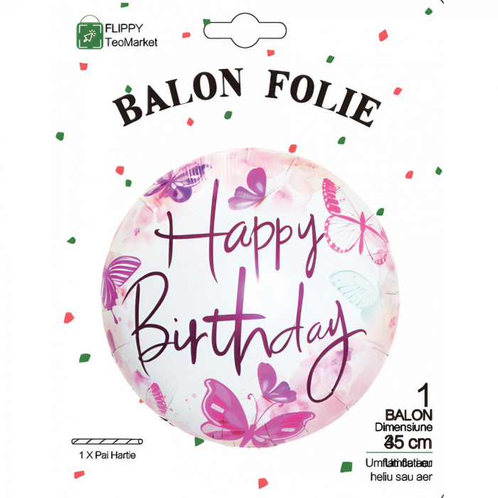 Balon din Folie Metalizata, Flippy, Mini Figurina Rotunda, Model Happy Birthday Fluturasi, Tema Aniversare, 45 cm, Ambalaj Individual, Pai inclus, Umflare cu Aer sau Heliu, Roz [4]