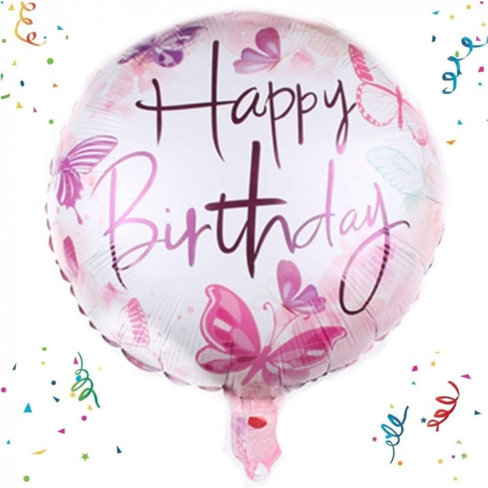 Balon din Folie Metalizata, Flippy, Mini Figurina Rotunda, Model Happy Birthday Fluturasi, Tema Aniversare, 45 cm, Ambalaj Individual, Pai inclus, Umflare cu Aer sau Heliu, Roz [2]