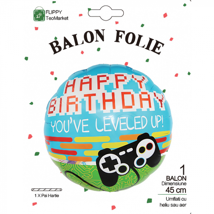 * LICHIDARE STOC * Balon din Folie Metalizata, Flippy, Mini Figurina Rotunda, Model Happy Birthday Gamer, Tema Aniversare, 45 cm, Ambalaj Individual, Pai inclus, Umflare cu Aer sau Heliu, Albastru - [4]