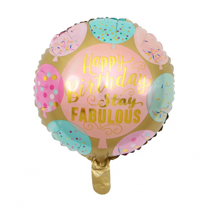 Balon din Folie Metalizata, Flippy, Mini Figurina Rotunda, Model Happy Birthday Stay Fabulous, Tematica Aniversare, 45 cm, Ambalaj Individual, Pai Inclus, Umflare cu Aer sau Heliu, Multicolor [4]