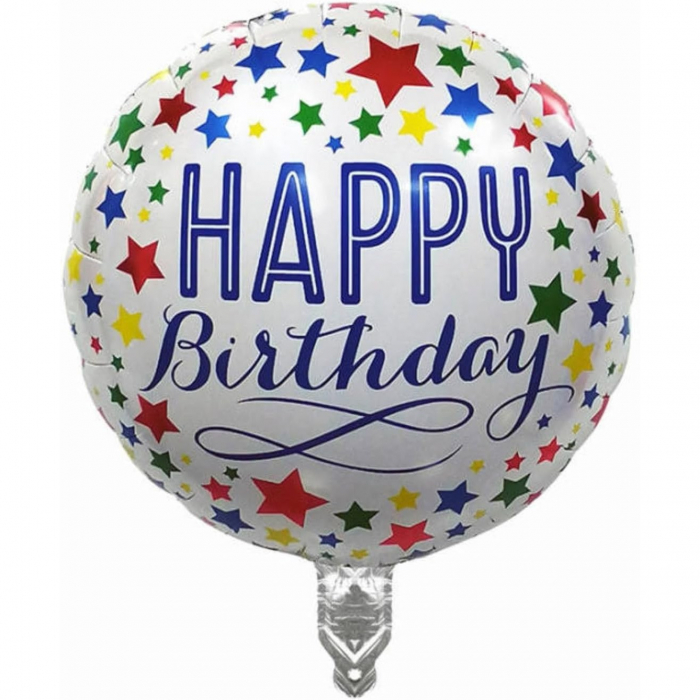 Balon din Folie Metalizata, Flippy, Mini Figurina Rotunda, Model Happy Birthday, Tema Aniversare, 45 cm, Ambalaj Individual, Pai inclus, Umflare cu Aer sau Heliu, Multicolor [1]