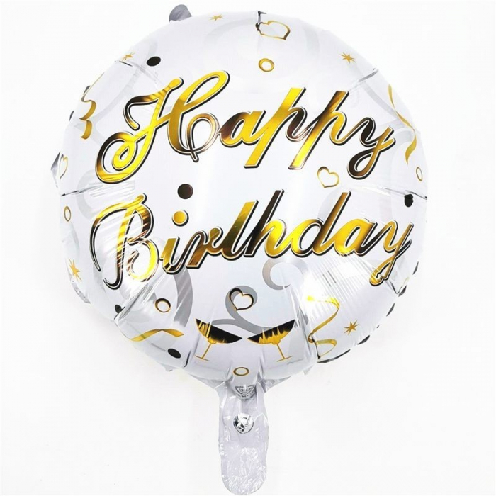Balon din Folie Metalizata, Flippy, Mini Figurina Rotunda, Model Happy Birthday, Tema Aniversare, 45 cm, Ambalaj Individual, Pai inclus, Umflare cu Aer sau Heliu, Argintiu [1]