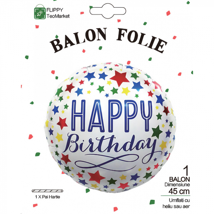 Balon din Folie Metalizata, Flippy, Mini Figurina Rotunda, Model Happy Birthday, Tema Aniversare, 45 cm, Ambalaj Individual, Pai inclus, Umflare cu Aer sau Heliu, Multicolor [3]