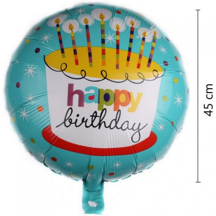 Balon din Folie Metalizata, Flippy, Mini Figurina Rotunda, Model Happy Birthday Tort, Tema Aniversare, 45 cm, Ambalaj Individual, Pai inclus, Umflare cu Aer sau Heliu, Albastru [3]