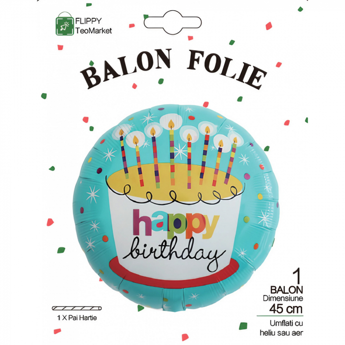 Balon din Folie Metalizata, Flippy, Mini Figurina Rotunda, Model Happy Birthday Tort, Tema Aniversare, 45 cm, Ambalaj Individual, Pai inclus, Umflare cu Aer sau Heliu, Albastru [4]