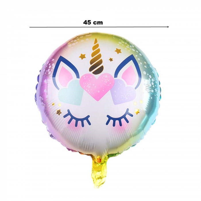 Balon din Folie Metalizata, Flippy, Mini Figurina Rotunda, Model Unicorn, Happy Birthday, Tematica Aniversare, 45 cm, Ambalaj Individual, Pai Inclus, Umflare cu Aer sau Heliu, Multicolor [6]