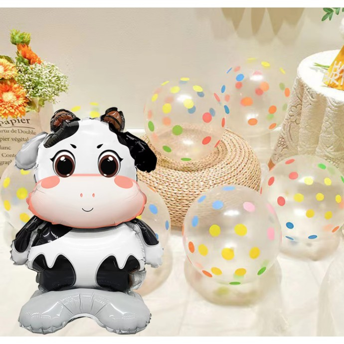 Balon din Folie Metalizata, Flippy, Mini Figurine Animalute, Model Vacuta, Tematica Aniversare, 38x58 cm, Ambalaj Individual, Pai Inclus, Umflare cu Aer sau Heliu, Multicolor [6]