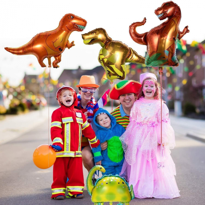 Balon din Folie Metalizata, Flippy, Mini Figurine Dinozauri, Model T-Rex, Tematica Aniversare, 48x34 cm, Ambalaj Individual, Pai Inclus, Umflare cu Aer sau Heliu, Multicolor [6]