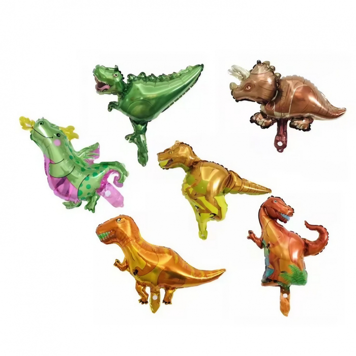 Balon din Folie Metalizata, Flippy, Mini Figurine Dinozauri, Model T-Rex, Tematica Aniversare, 48x34 cm, Ambalaj Individual, Pai Inclus, Umflare cu Aer sau Heliu, Multicolor [7]
