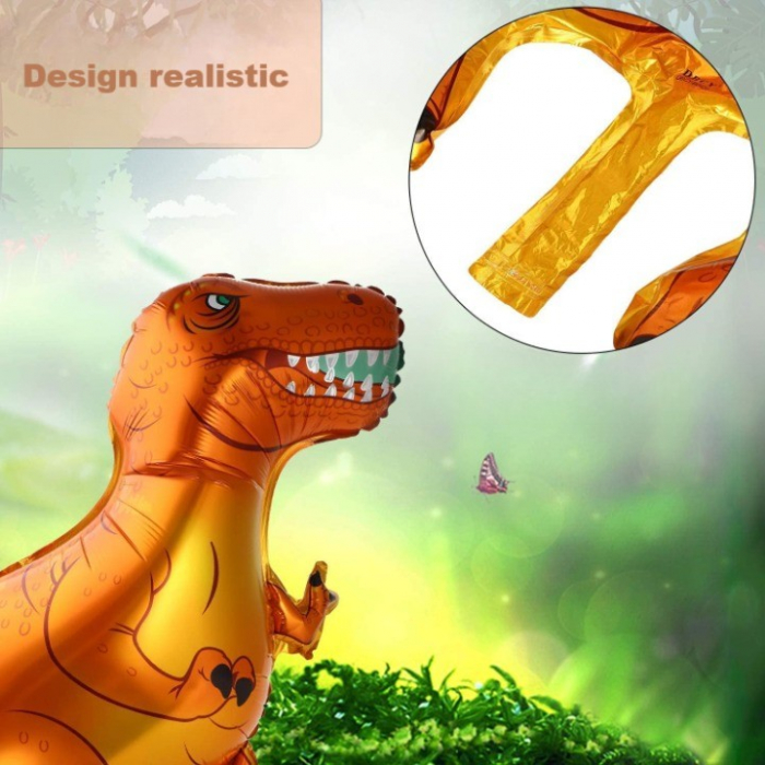 Balon din Folie Metalizata, Flippy, Mini Figurine Dinozauri, Model T-Rex, Tematica Aniversare, 48x34 cm, Ambalaj Individual, Pai Inclus, Umflare cu Aer sau Heliu, Multicolor [4]