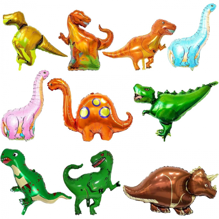 Balon din Folie Metalizata, Flippy, Mini Figurine Dinozauri, Model Velociraptor, Tematica Aniversare, 48x43 cm, Ambalaj Individual, Pai Inclus, Umflare cu Aer sau Heliu, Multicolor [3]
