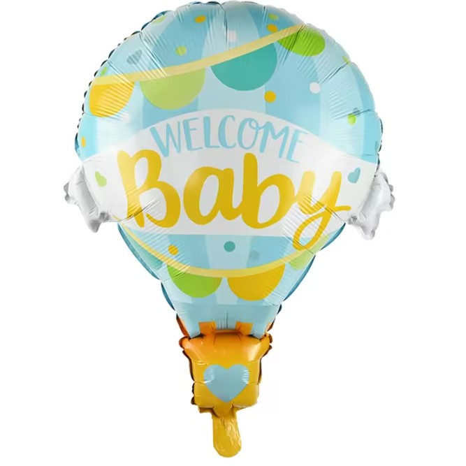 Balon din Folie Metalizata, Flippy, Mini Figurine, Model Balon cu Aer Cald Baietel, Tematica Welcome Baby, 80x62 cm, Ambalaj Individual, Pai Inclus, Umflare cu Aer sau Heliu, Albastru [6]
