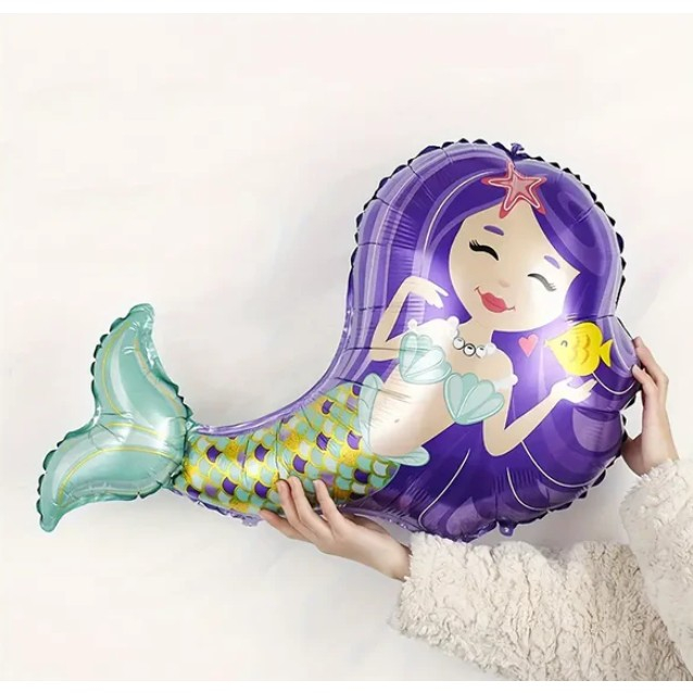 Balon din Folie Metalizata, Flippy, Mini Figurine, Model Sirena cu Par Mov, Tematica Aniversare, 39x37 cm, Ambalaj Individual, Pai Inclus, Umflare cu Aer sau Heliu, Multicolor [7]