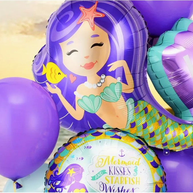 Balon din Folie Metalizata, Flippy, Mini Figurine, Model Sirena cu Par Mov, Tematica Aniversare, 39x37 cm, Ambalaj Individual, Pai Inclus, Umflare cu Aer sau Heliu, Multicolor [6]