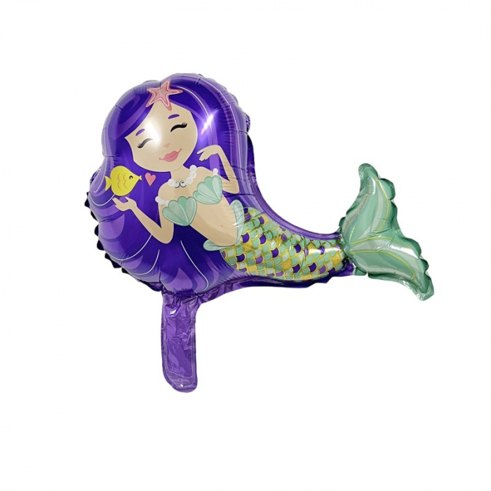 Balon din Folie Metalizata, Flippy, Mini Figurine, Model Sirena cu Par Mov, Tematica Aniversare, 39x37 cm, Ambalaj Individual, Pai Inclus, Umflare cu Aer sau Heliu, Multicolor [1]