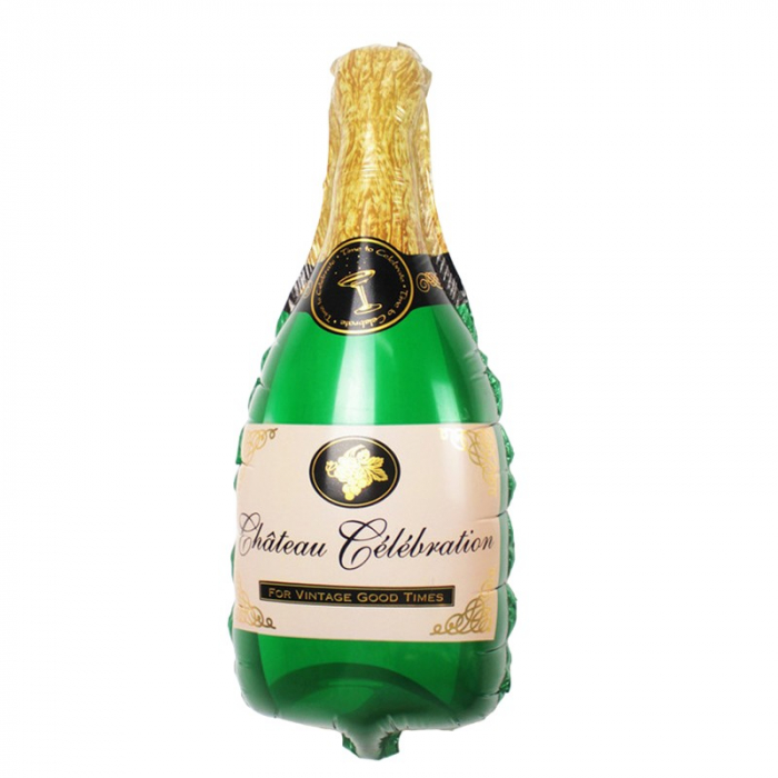 Balon din Folie Metalizata, Flippy, Mini Figurine, Model Sticla de Sampanie, 21x51 cm, Ambalaj Individual, Pai Inclus, Umflare cu Aer sau Heliu, Verde [1]