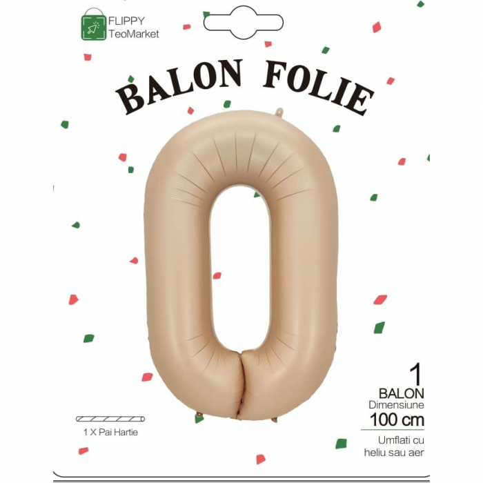 Balon din Folie Metalizata, Flippy, Model Cifra 0, 100 cm, Ambalaj Individual, Pai Inclus, Crem [5]