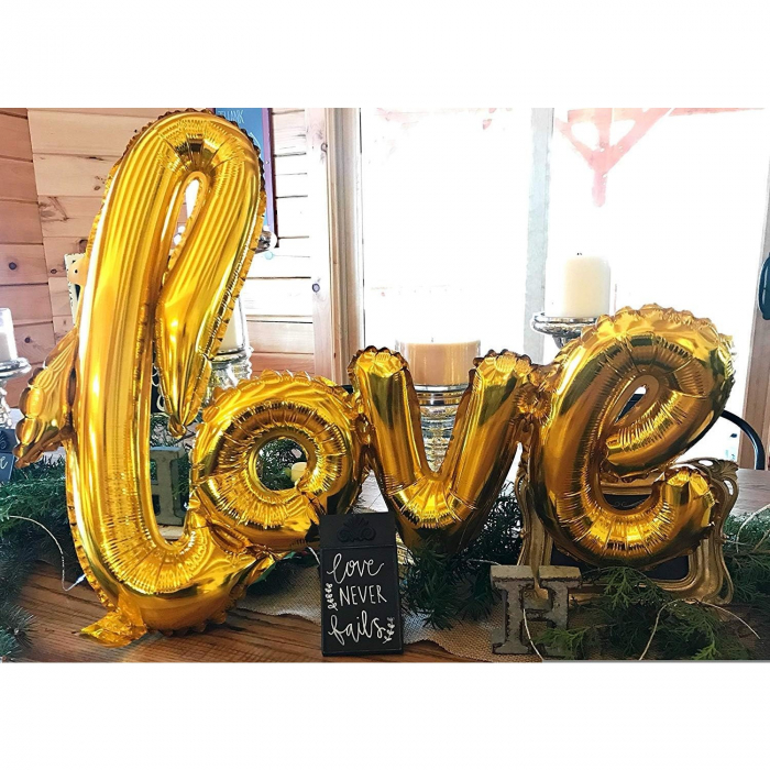 Balon din Folie Metalizata, Flippy, Model Love scris de mana, 102x65 cm, Tematica Ziua Îndrăgostiților, Ambalaj Individual, Pai Inclus, Umflare cu Aer sau Heliu, Auriu [2]