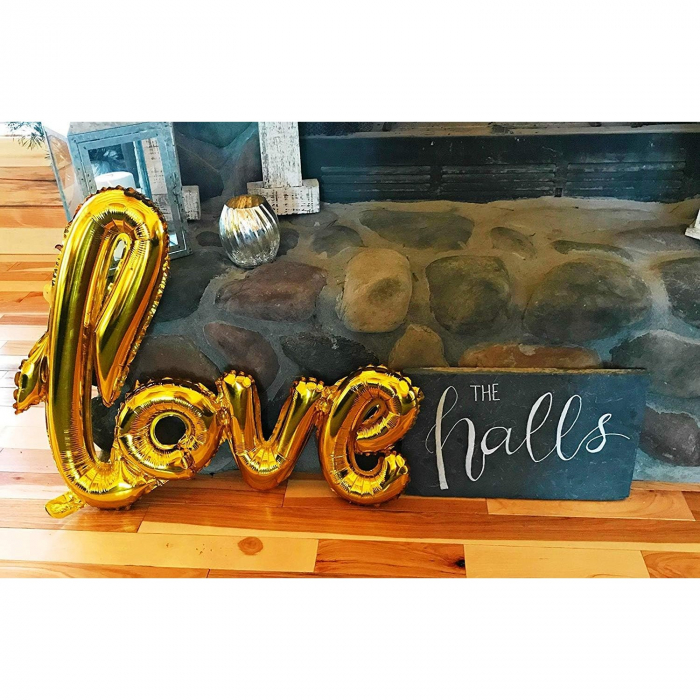 Balon din Folie Metalizata, Flippy, Model Love scris de mana, 102x65 cm, Tematica Ziua Îndrăgostiților, Ambalaj Individual, Pai Inclus, Umflare cu Aer sau Heliu, Auriu [3]