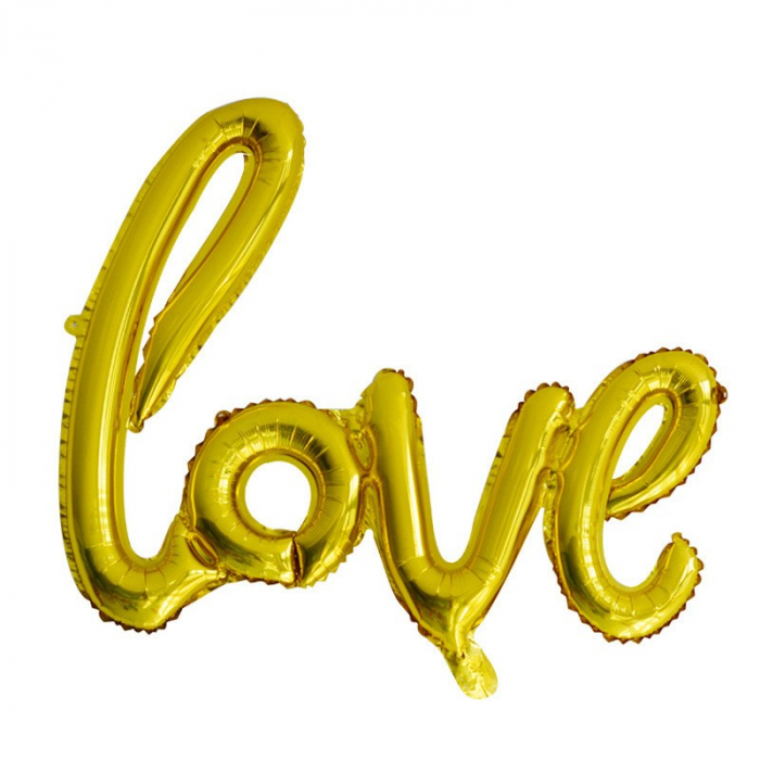 Balon din Folie Metalizata, Flippy, Model Love scris de mana, 102x65 cm, Tematica Ziua Îndrăgostiților, Ambalaj Individual, Pai Inclus, Umflare cu Aer sau Heliu, Auriu [1]