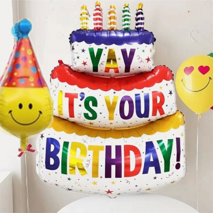 Balon din Folie Metalizata, Flippy, Model Tort cu 3 Straturi, Balon Aniversar, Model Birthday Cake, 102x62 cm, Ambalaj Individual, Pai inclus, Umflare cu Aer sau Heliu, Multicolor [3]