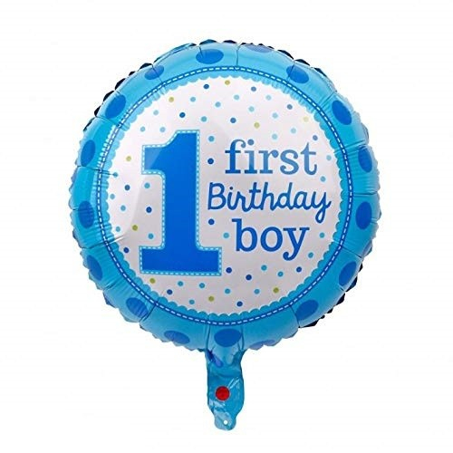 Balon din Folie Metalizata, Flippy, Prima Aniversare, Model First Birthday Boy, 45 cm, Ambalaj Individual, Pai Inclus, Umflare cu Aer sau Heliu, Albastru [2]