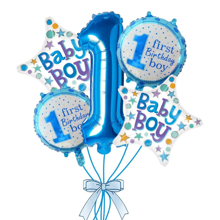 Balon din Folie Metalizata, Flippy, Prima Aniversare, Model First Birthday Boy, 45 cm, Ambalaj Individual, Pai Inclus, Umflare cu Aer sau Heliu, Albastru [3]