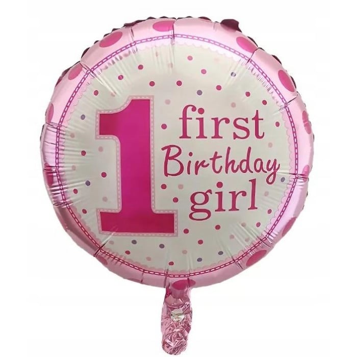 Balon din Folie Metalizata, Flippy, Prima Aniversare, Model First Birthday Girl, 45 cm, Ambalaj Individual, Pai Inclus, Umflare cu Aer sau Heliu, Roz [2]