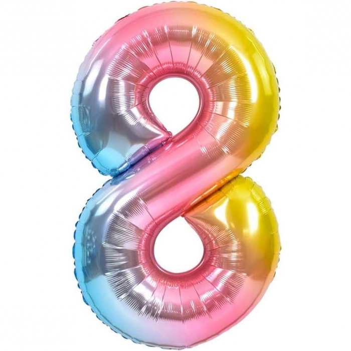 Balon din Folie Metalizata Gradient Flippy, Figurina Cifra, Tema Aniversare 100 cm, Ambalaj Individual, Pai inclus, Umflare cu Aer sau Heliu, Multicolor, Cifra 8 [1]