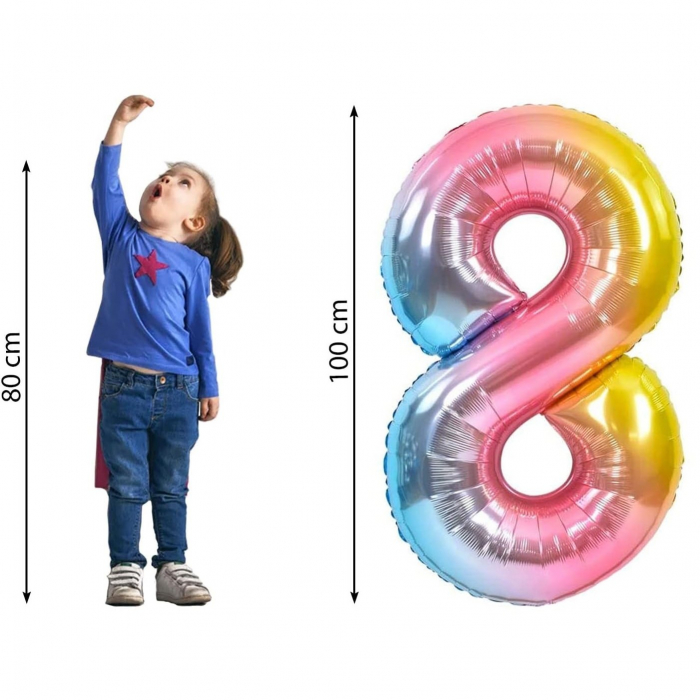 Balon din Folie Metalizata Gradient Flippy, Figurina Cifra, Tema Aniversare 100 cm, Ambalaj Individual, Pai inclus, Umflare cu Aer sau Heliu, Multicolor, Cifra 8 [2]