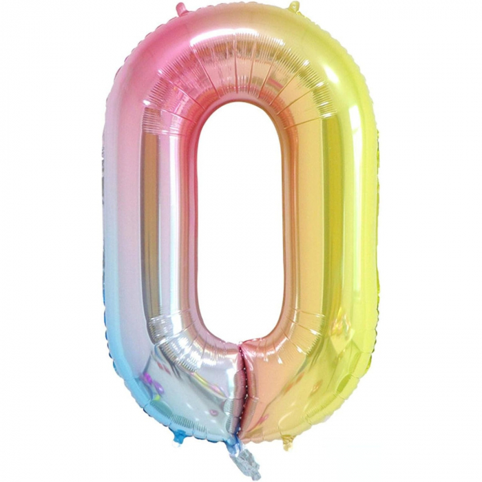 Balon din Folie Metalizata Gradient Flippy, Figurina Cifra, Tema Aniversare 100 cm, Ambalaj Individual, Pai inclus, Umflare cu Aer sau Heliu, Multicolor, Cifra 0 [1]