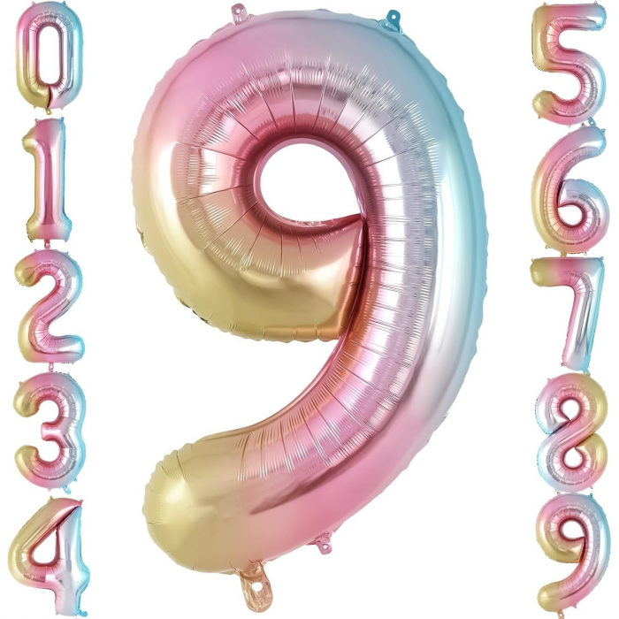 Balon din Folie Metalizata Gradient Flippy, Figurina Cifra, Tema Aniversare 100 cm, Ambalaj Individual, Pai inclus, Umflare cu Aer sau Heliu, Multicolor, Cifra 9 [2]