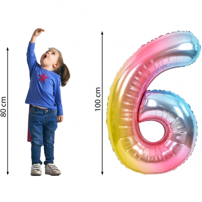 Balon din Folie Metalizata Gradient Flippy, Figurina Cifra, Tema Aniversare 100 cm, Ambalaj Individual, Pai inclus, Umflare cu Aer sau Heliu, Multicolor, Cifra 6 [2]