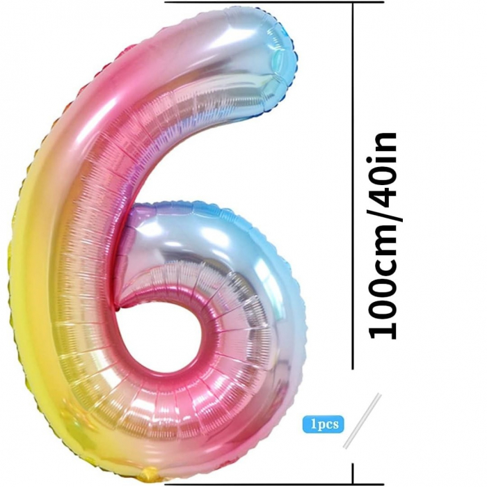 Balon din Folie Metalizata Gradient Flippy, Figurina Cifra, Tema Aniversare 100 cm, Ambalaj Individual, Pai inclus, Umflare cu Aer sau Heliu, Multicolor, Cifra 6 [3]