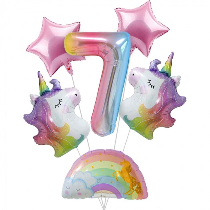 Balon din Folie Metalizata Gradient Flippy, Figurina Cifra, Tema Aniversare 100 cm, Ambalaj Individual, Pai inclus, Umflare cu Aer sau Heliu, Multicolor, Cifra 7 [3]