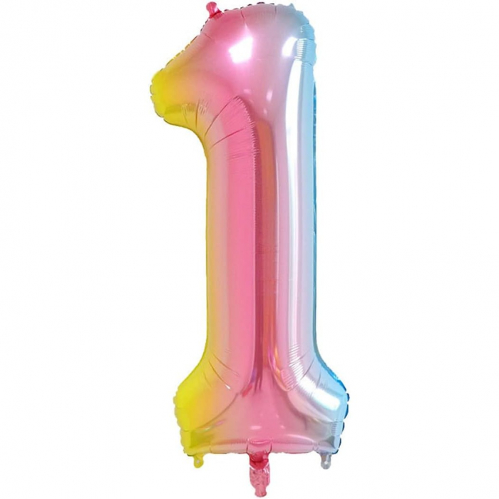 Balon din Folie Metalizata Gradient Flippy, Figurina Cifra, Tema Aniversare 100 cm, Ambalaj Individual, Pai inclus, Umflare cu Aer sau Heliu, Multicolor, Cifra 1 [1]