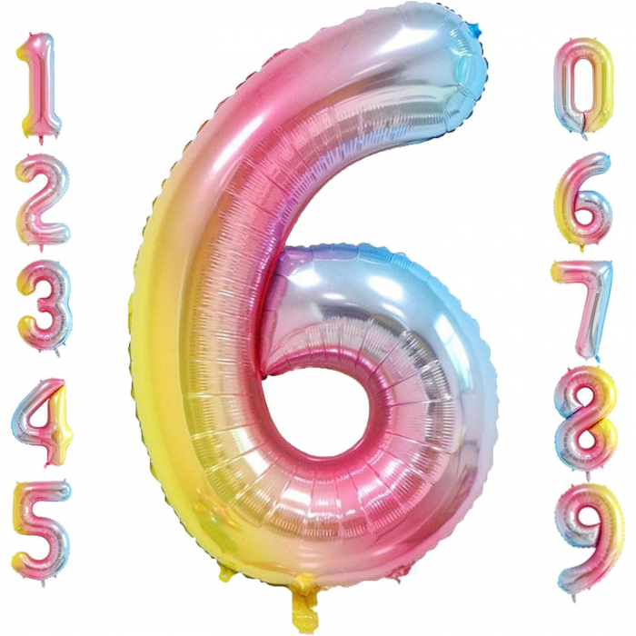 Balon din Folie Metalizata Gradient Flippy, Figurina Cifra, Tema Aniversare 100 cm, Ambalaj Individual, Pai inclus, Umflare cu Aer sau Heliu, Multicolor, Cifra 6 [4]