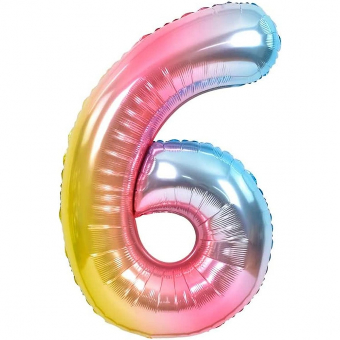 Balon din Folie Metalizata Gradient Flippy, Figurina Cifra, Tema Aniversare 100 cm, Ambalaj Individual, Pai inclus, Umflare cu Aer sau Heliu, Multicolor, Cifra 6 [1]