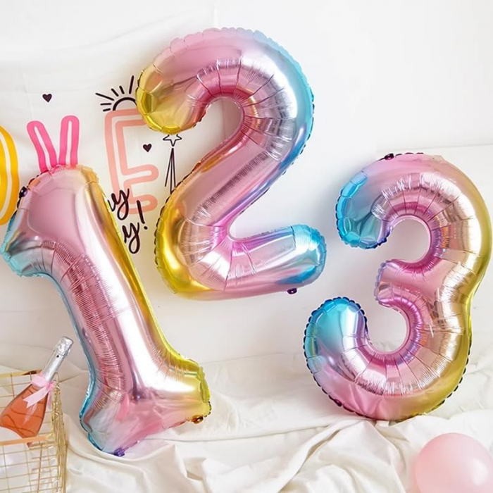 Balon din Folie Metalizata Gradient Flippy, Figurina Cifra, Tema Aniversare 100 cm, Ambalaj Individual, Pai inclus, Umflare cu Aer sau Heliu, Multicolor, Cifra 2 [2]