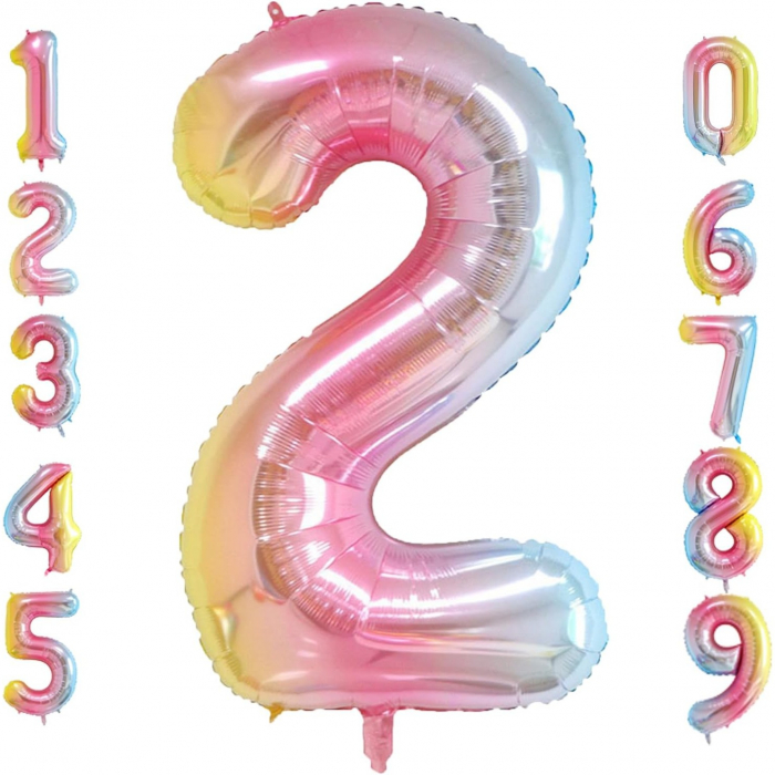 Balon din Folie Metalizata Gradient Flippy, Figurina Cifra, Tema Aniversare 100 cm, Ambalaj Individual, Pai inclus, Umflare cu Aer sau Heliu, Multicolor, Cifra 2 [4]