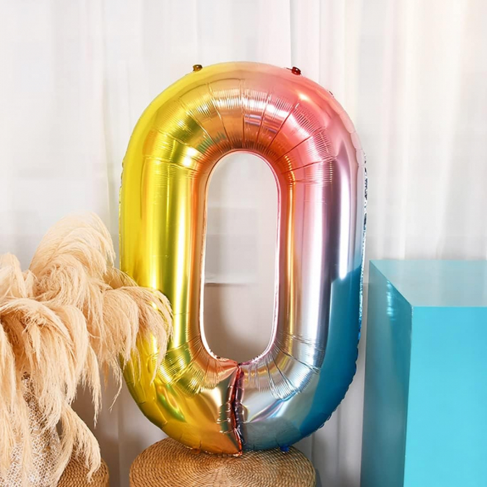 Balon din Folie Metalizata Gradient Flippy, Figurina Cifra, Tema Aniversare 100 cm, Ambalaj Individual, Pai inclus, Umflare cu Aer sau Heliu, Multicolor, Cifra 0 [4]