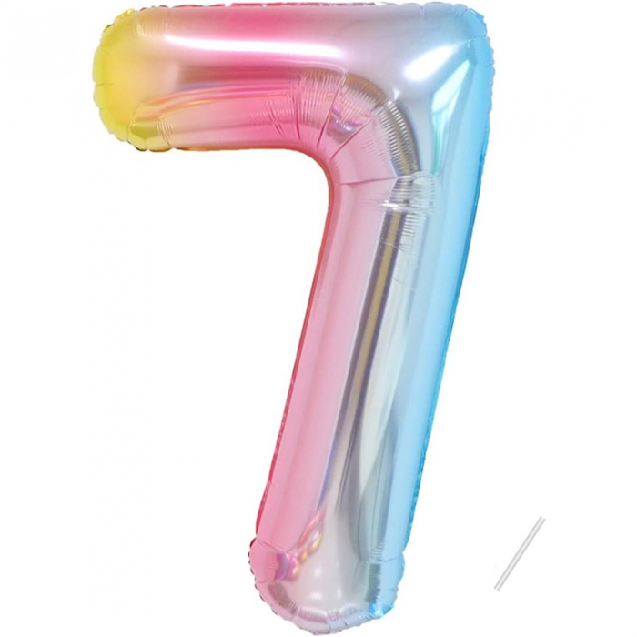 Balon din Folie Metalizata Gradient Flippy, Figurina Cifra, Tema Aniversare 100 cm, Ambalaj Individual, Pai inclus, Umflare cu Aer sau Heliu, Multicolor, Cifra 7 [1]