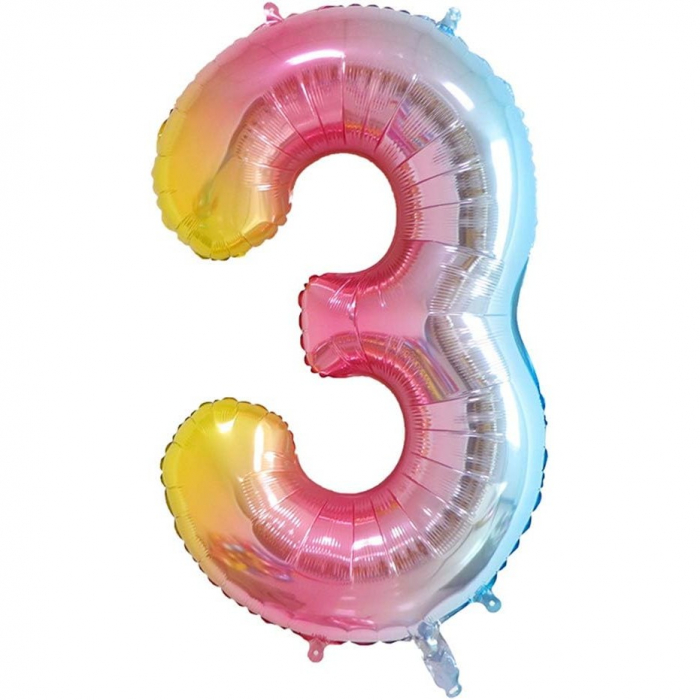 Balon din Folie Metalizata Gradient Flippy, Figurina Cifra, Tema Aniversare 100 cm, Ambalaj Individual, Pai inclus, Umflare cu Aer sau Heliu, Multicolor, Cifra 3 [1]