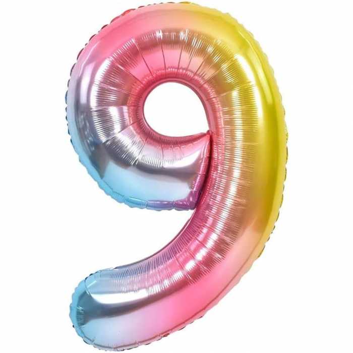 Balon din Folie Metalizata Gradient Flippy, Figurina Cifra, Tema Aniversare 100 cm, Ambalaj Individual, Pai inclus, Umflare cu Aer sau Heliu, Multicolor, Cifra 9 [1]