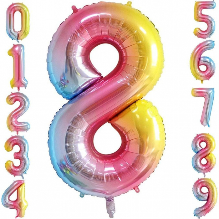 Balon din Folie Metalizata Gradient Flippy, Figurina Cifra, Tema Aniversare 100 cm, Ambalaj Individual, Pai inclus, Umflare cu Aer sau Heliu, Multicolor, Cifra 8 [6]